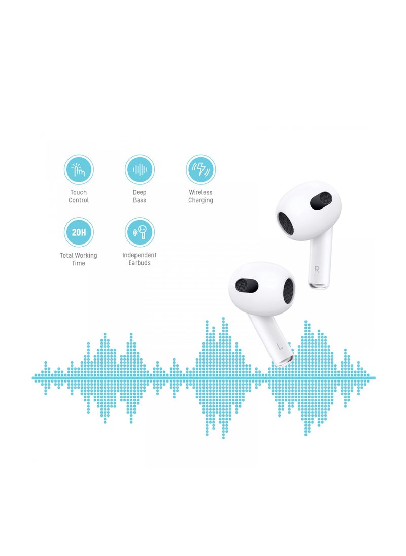 Deep Bass Wireless Earbuds 3 / 20H Total Working Time / Independent Earbuds / Wireless Charging / Touch Control / Bluetooth 5.2 Connectivity - White