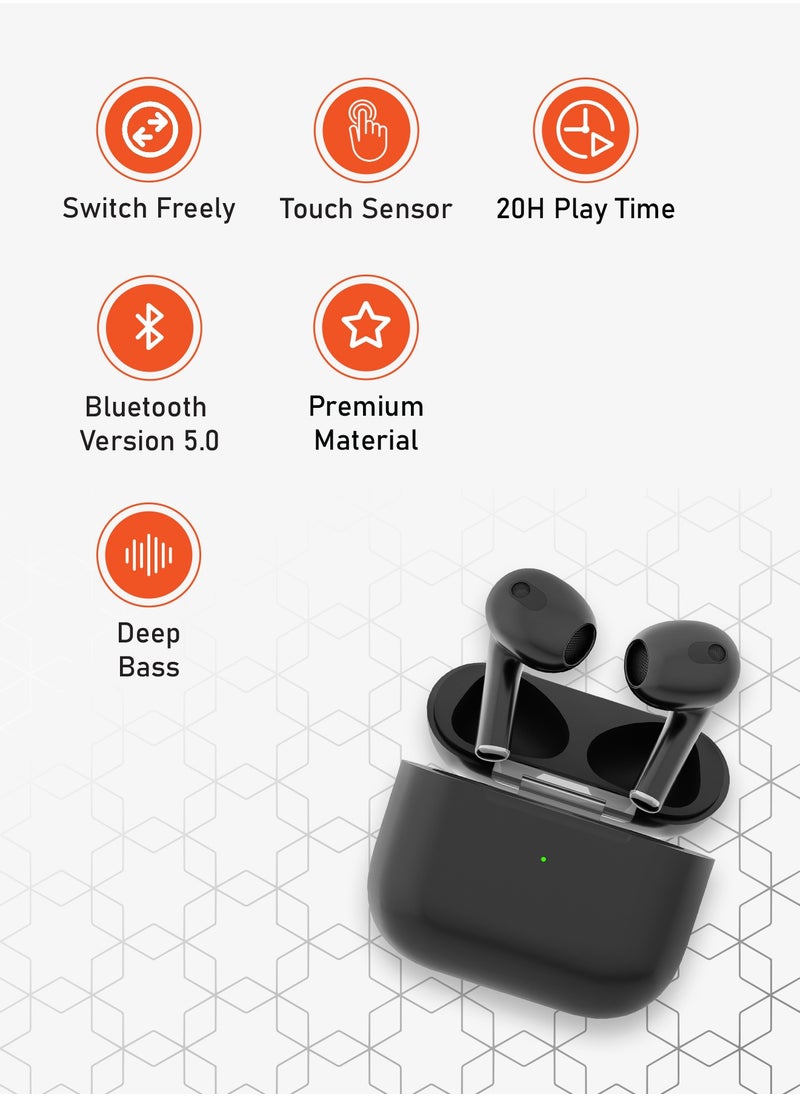 Deep Bass Wireless Earbuds 3, 20 H Total Working Time Independent Earbuds Wireless Charging Touch Control Bluetooth 5.2 Connectivity - Black