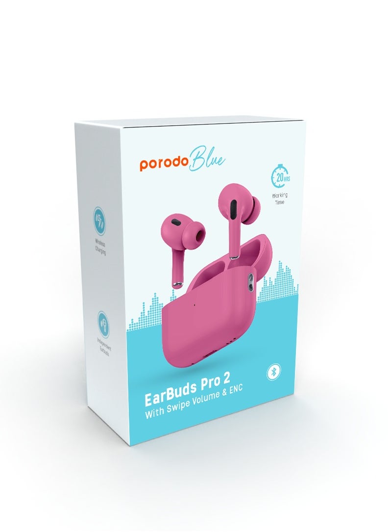 Earbuds Pro 2 With Swipe Volume Wireless Charging and ENC / 20H Total Working Time / Independent Earbuds / Wireless Charging / Touch Control / Deep Bass / Swipe Volume / One Side Operation - Pink