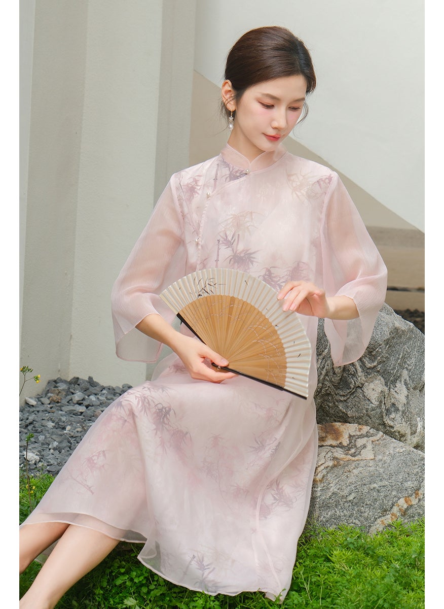 2024 Summer Retro Printed Qipao Tea Dress Pink