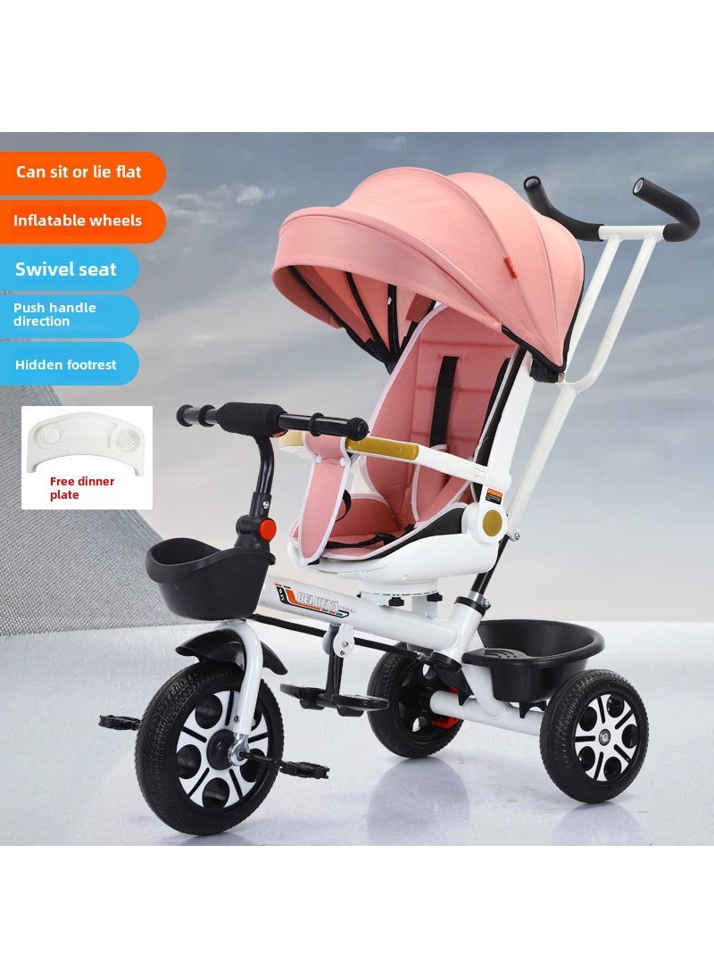 Kids Tricycle with Rotating Seat and Push Handle White powder foam wheel can sit and lie + rotating seat + brake