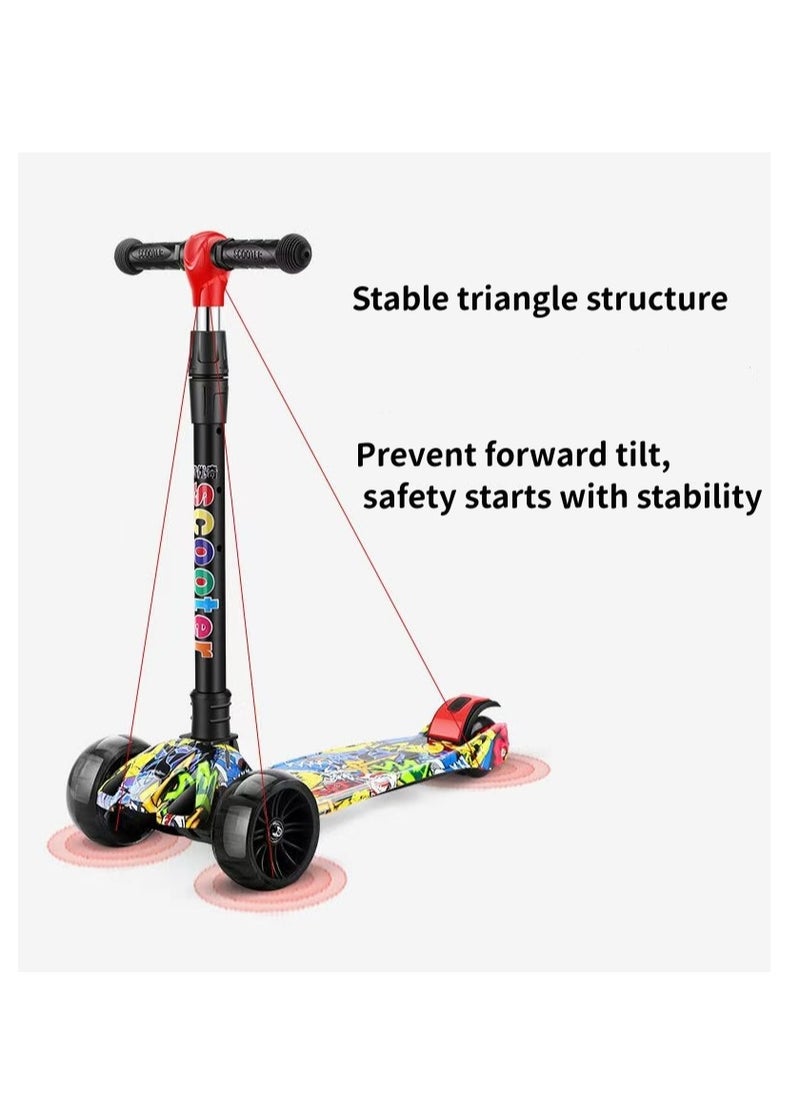 kids scooter three-wheeled scooter foldable and adjustable height graffiti pattern with LED light-up wheels with music, suitable for children aged 2-6