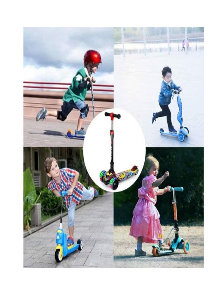 kids scooter three-wheeled scooter foldable and adjustable height graffiti pattern with LED light-up wheels with music, suitable for children aged 2-6