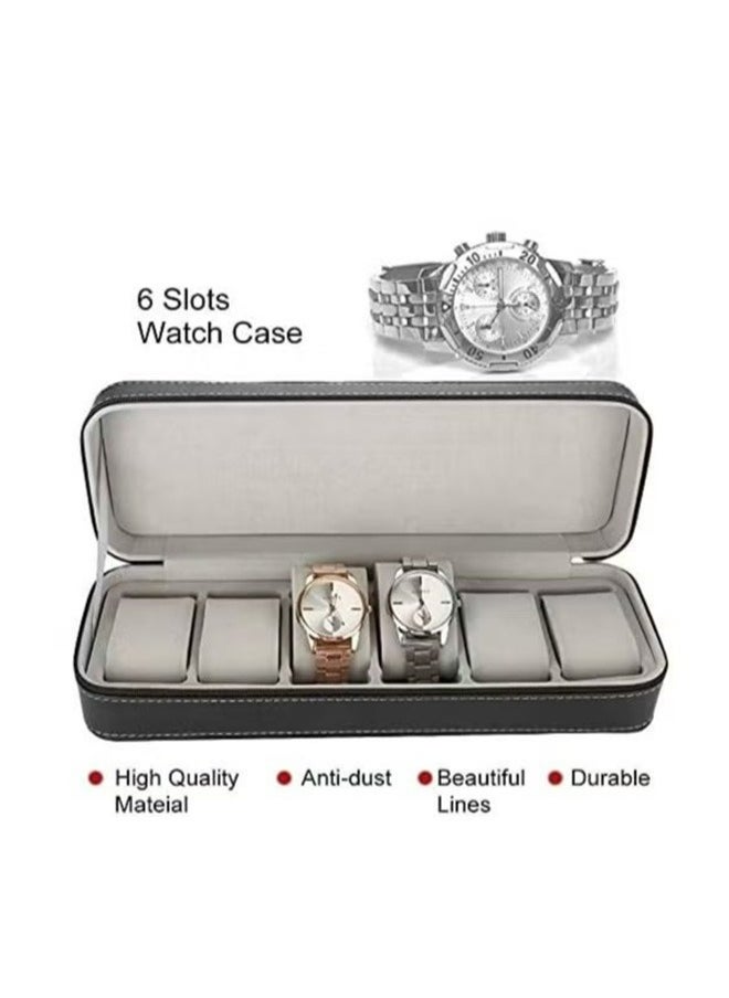 6 Slot Portable Zipper Watch Box PU Leather Watch Box