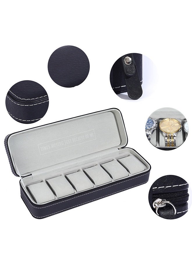 6 Grid Pu Leather Watch Box, Portable Zipper Watch Case, Travel Watch Bag