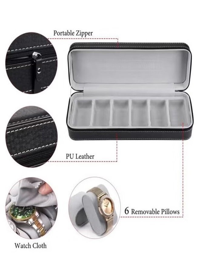 6 Grid Pu Leather Watch Box, Portable Zipper Watch Case, Travel Watch Bag