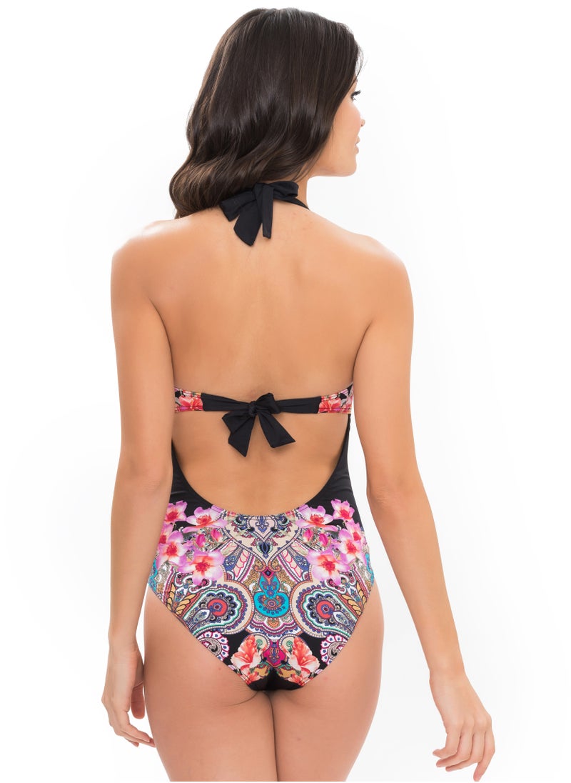 Elegant Black Floral One-Piece Swimsuit, Stretch Fit, Quick-Dry Fabric