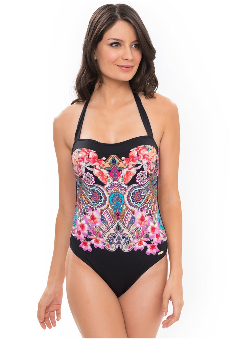 Elegant Black Floral One-Piece Swimsuit, Stretch Fit, Quick-Dry Fabric