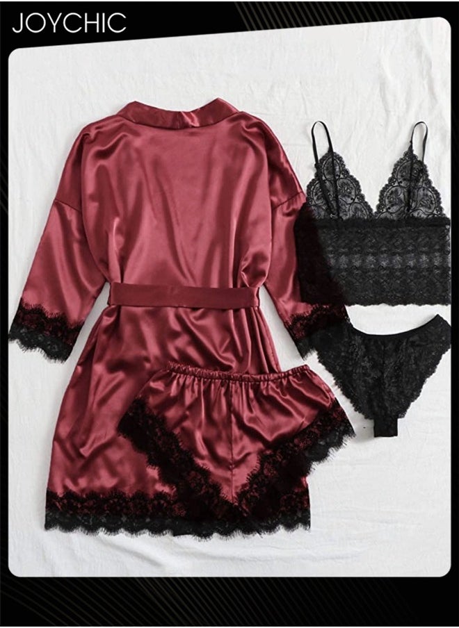 4-piece Romatic Women Nightwear Sets Silk Satin Nightgown Spring and Summer Breathable Ladies Lace V-neck Pajamas Wine Red