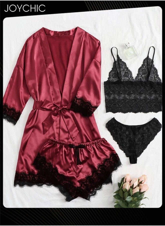 4-piece Romatic Women Nightwear Sets Silk Satin Nightgown Spring and Summer Breathable Ladies Lace V-neck Pajamas Wine Red