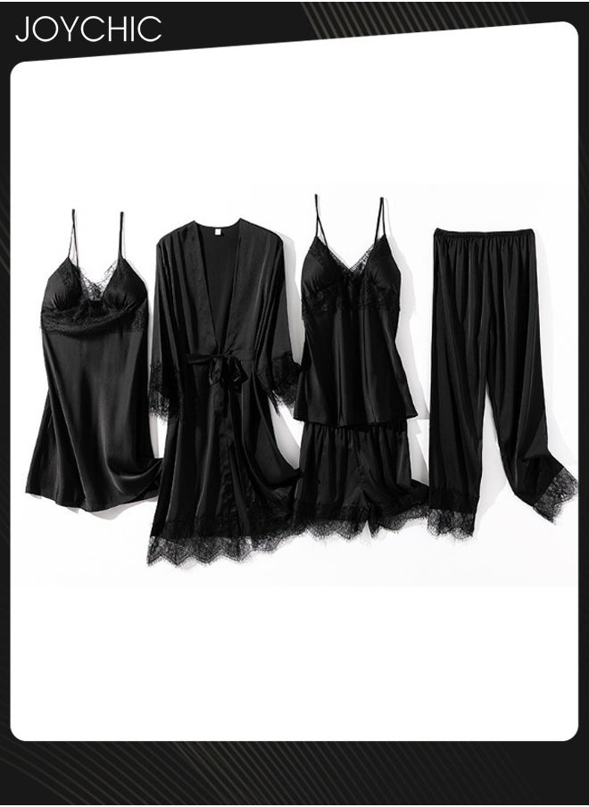 5-Piece Spring and Autumn Winter Pyjama Set for Women Ice Silk Lace Comfortable and Breathable  V-neck Home Sleepwear Black