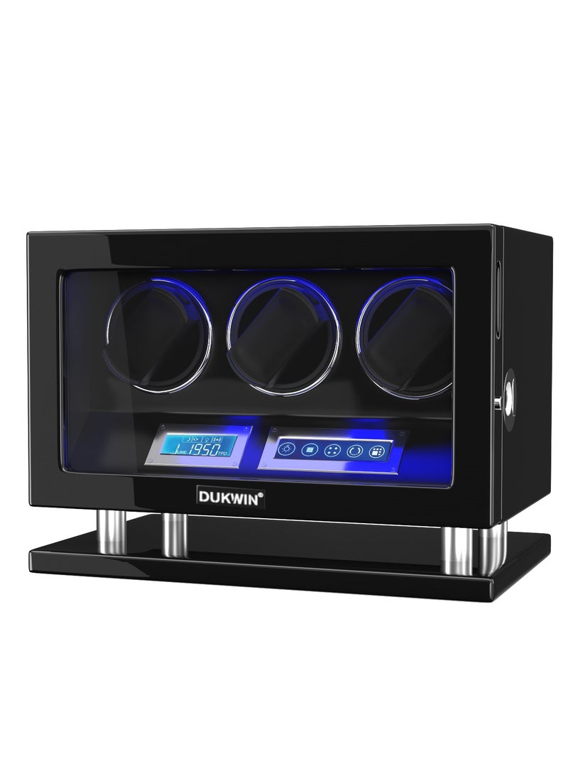 DUKWIN Fingerprint Lock Watch Winder 3 Automatic Winder With Blue LED Illumination, 5TPD, LCD Touch Screen, Adjustable Watch Pillow, Remote Control and Super Quiet Motor For Automatic Watch Lover