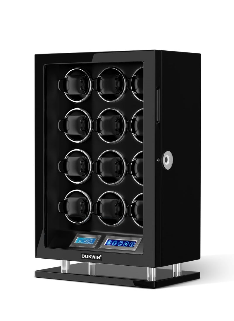 Fingerprint Lock Watch Winder 12 Automatic Winder With LCD Touch Screen, Blue LED Light, 5TPD, 3 Rotation modes, Remote Control, Adjustable Watch Cuff and Super Quiet Motor for watch enthusiasts