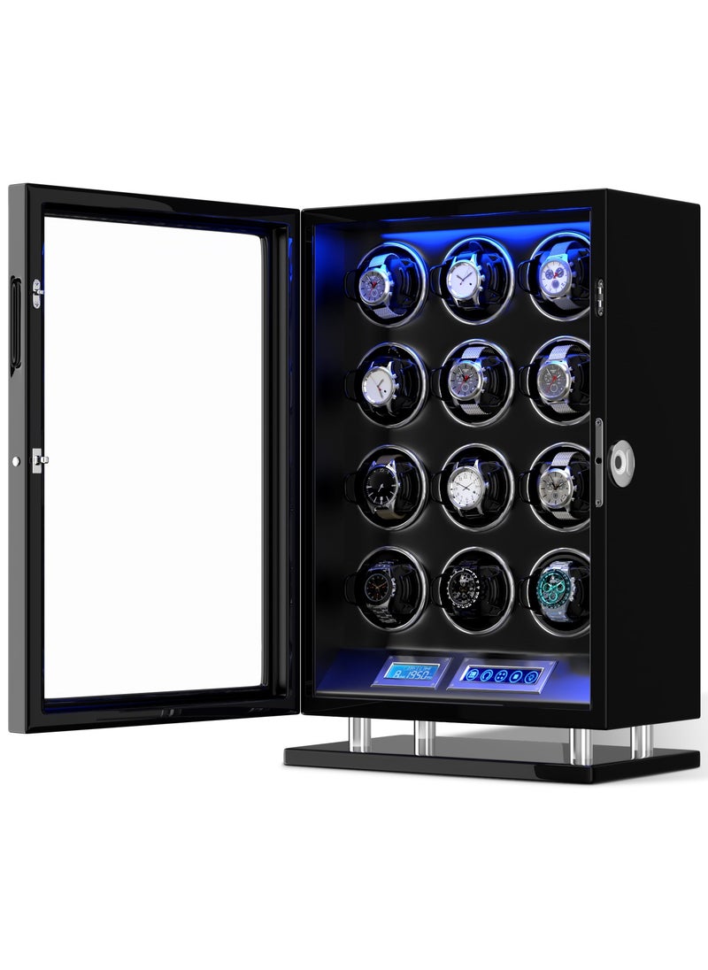 Fingerprint Lock Watch Winder 12 Automatic Winder With LCD Touch Screen, Blue LED Light, 5TPD, 3 Rotation modes, Remote Control, Adjustable Watch Cuff and Super Quiet Motor for watch enthusiasts