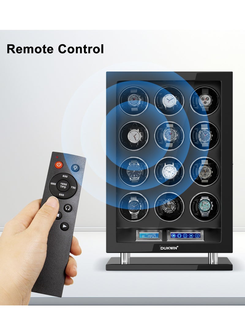 Fingerprint Lock Watch Winder 12 Automatic Winder With LCD Touch Screen, Blue LED Light, 5TPD, 3 Rotation modes, Remote Control, Adjustable Watch Cuff and Super Quiet Motor for watch enthusiasts