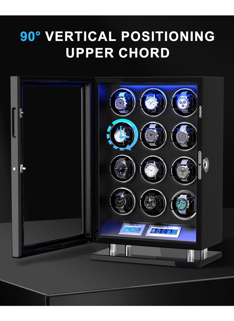 Fingerprint Lock Watch Winder 12 Automatic Winder With LCD Touch Screen, Blue LED Light, 5TPD, 3 Rotation modes, Remote Control, Adjustable Watch Cuff and Super Quiet Motor for watch enthusiasts