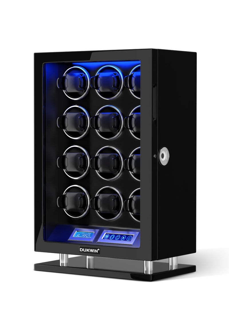 DUKWIN Fingerprint Lock Watch Winder 12 Automatic Winder With Blue LED Light, 5TPD, 3 Rotation modes, Adjustable Watch Cuff, LCD Touch Screen, Remote Control and Super Quiet Motor for watch enthusiasts