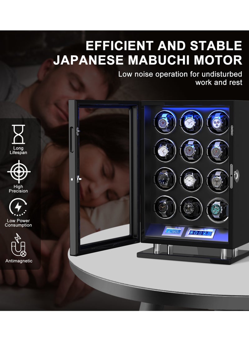 Fingerprint Lock Watch Winder 12 Automatic Winder With LCD Touch Screen, Blue LED Light, 5TPD, 3 Rotation modes, Remote Control, Adjustable Watch Cuff and Super Quiet Motor for watch enthusiasts
