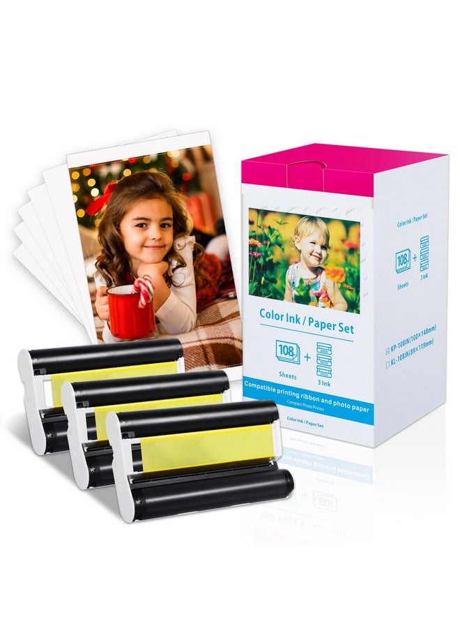 Compatible Canon Selphy Cp1500 Cp1300 Paper And Ink, Kp-108In 3 Color Ink Cartridges And108 Sheets 4X6 Photo Paper 3Xkp-36Ip For Selphy Cp1200 Cp910 Cp800 Cp780 Cp740 Compact Photo Printers