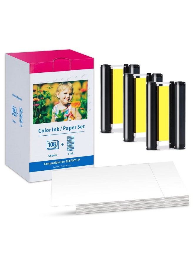 Kp-108In Cp1300 Ink And Paper Compatible For Canon Selphy Cp1300 Cp1500 Cp1200 Cp1000 Cp910 Cp900 Cp810 Cp760 Cp770 Cp780, Kp108 3 Color Ink Cartridges And 108 Sheets Glossy 4X6 Photo Paper