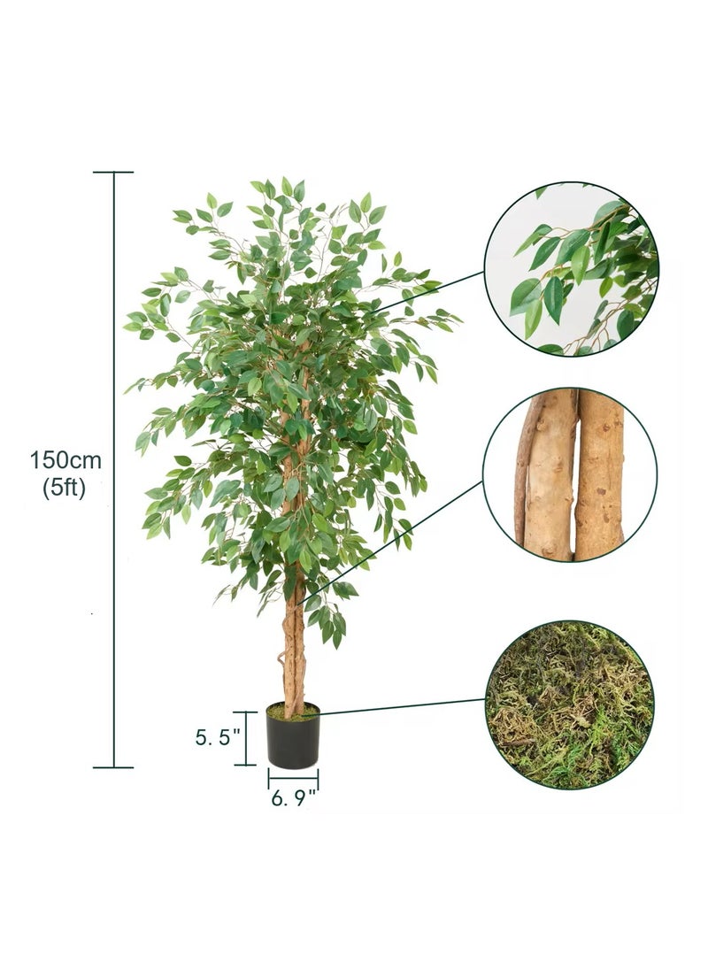 Essentials 360® Artificial Ficus Tree 160cm Tall Fake Plant Faux Tree with Moss Grass & Pot Realistic Leaves & Natural Trunk for Home Office Garden Living Room Indoor Outdoor Decor artificial plant