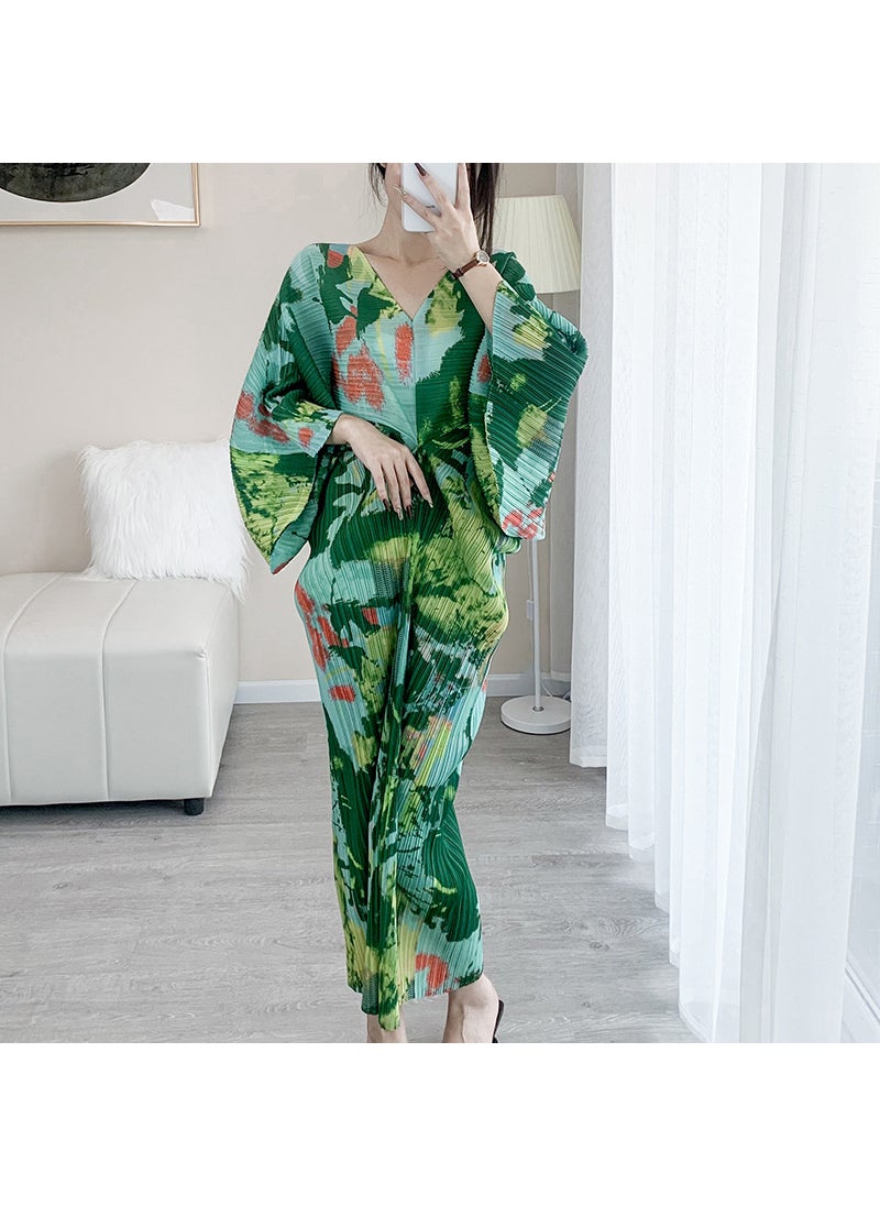 Pleated 2023 Spring Elegant High-end European and American Dress Women's Foreign Trade Fashion Women's V-neck Printed Loose Long Dress