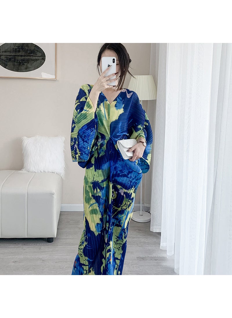 Pleated 2023 Spring Elegant High-end European and American Dress Women's Foreign Trade Fashion Women's V-neck Printed Loose Long Dress