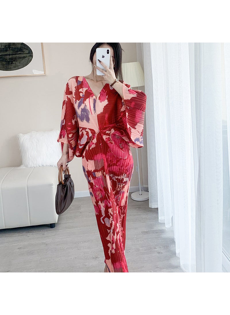 Pleated 2023 Spring Elegant High-end European and American Dress Women's Foreign Trade Fashion Women's V-neck Printed Loose Long Dress