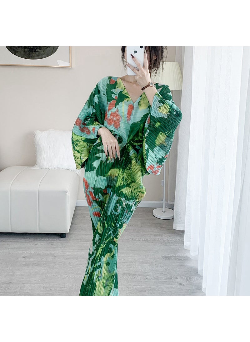 Pleated 2023 Spring Elegant High-end European and American Dress Women's Foreign Trade Fashion Women's V-neck Printed Loose Long Dress