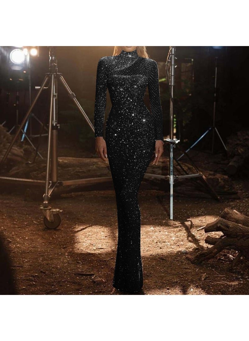 2024 New Independent Station Hollow Out Shoulder Dress European and American Round Neck Slim-fit Elegant S-shaped Sequin Dress for Women