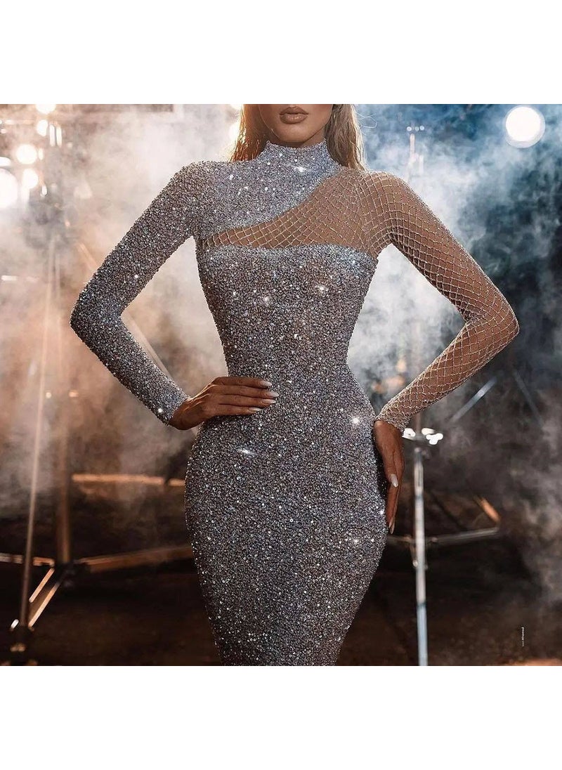 2024 New Independent Station Hollow Out Shoulder Dress European and American Round Neck Slim-fit Elegant S-shaped Sequin Dress for Women