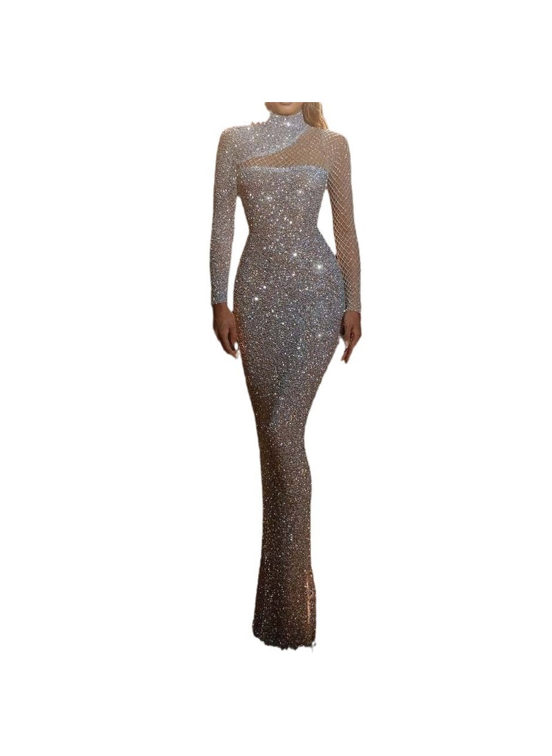 2024 New Independent Station Hollow Out Shoulder Dress European and American Round Neck Slim-fit Elegant S-shaped Sequin Dress for Women