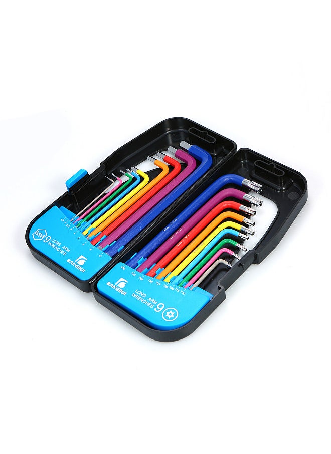 18PCS Multicolour L-Key Set Metric Star Long Arm Ball End Hex Key Set Chrome Vanadium Steel Industrial Grade Allen Wrench Set with Holding Case