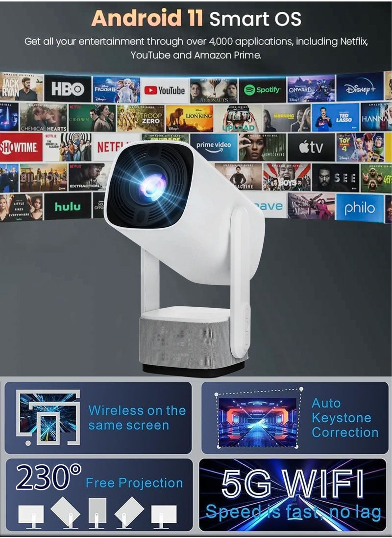 Rechargeable 5000 Lumens HD Smart Mini Projector with 150-Inch Display, 4K Home Theater, 230° Rotating Screen, and Built-In Battery for Movies, Gaming, and Presentations