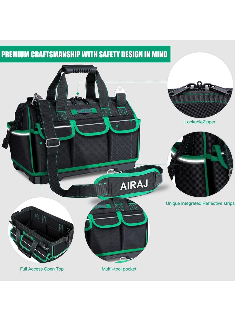 16 Inch Tool Bag with Night Reflective Strips, Waterproof Tool Organizer, Adjustable Shoulder Straps, Heavy Duty Tool Bag Organizer with ABS Molded Base