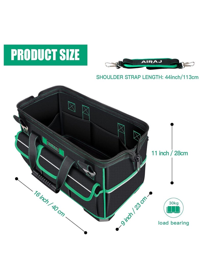 16 Inch Tool Bag with Night Reflective Strips, Waterproof Tool Organizer, Adjustable Shoulder Straps, Heavy Duty Tool Bag Organizer with ABS Molded Base