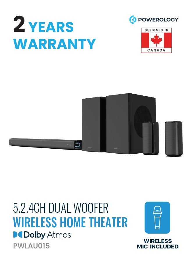 Sound Bar 5.2.4CH Dual Woofer Wireless Home Theater / Immersive Powerful Sound / Universal Audio Interface / Wireless Mic Included / Wireless Woofers & Speakers - Black