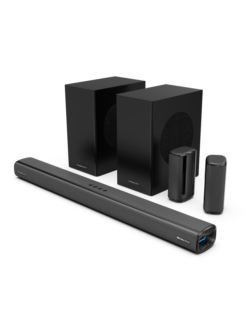 Sound Bar 5.2.4CH Dual Woofer Wireless Home Theater / Immersive Powerful Sound / Universal Audio Interface / Wireless Mic Included / Wireless Woofers & Speakers - Black