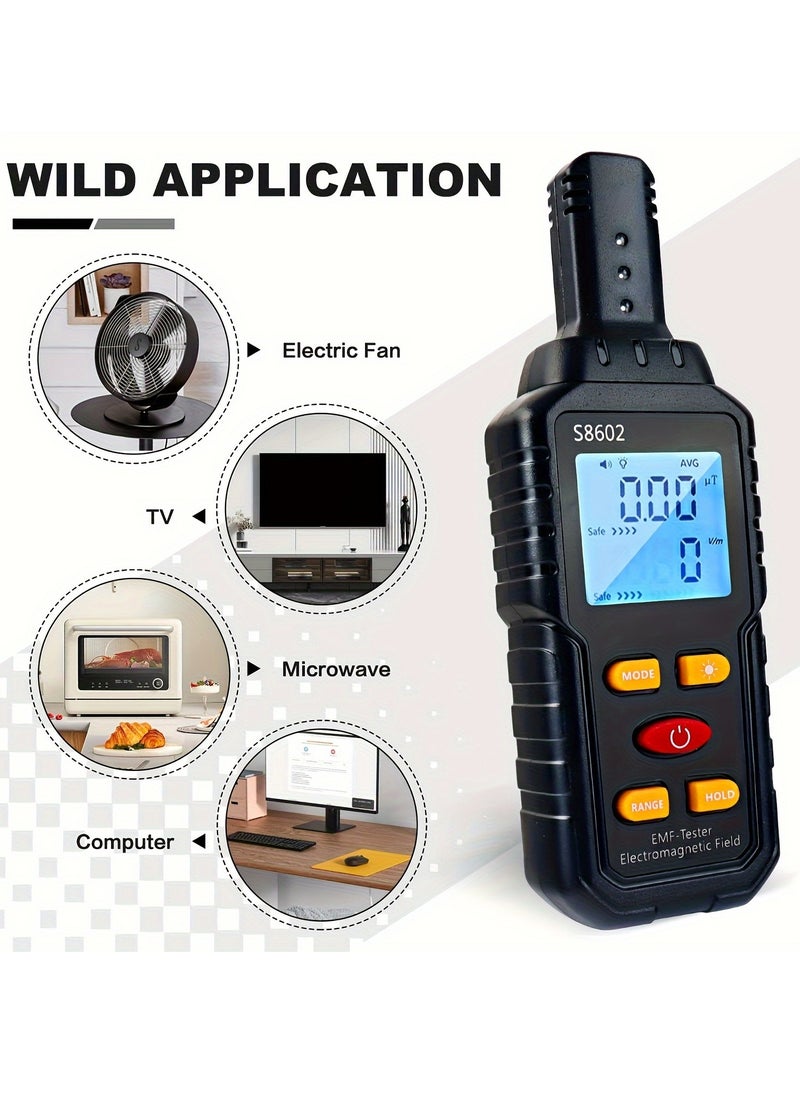 EMF Radiation Detector, S8602 Electromagnetic Field Tester, 5.98 Inch Digital EMF Meter With LCD Display, For Home Appliance Safety Evaluation, Black