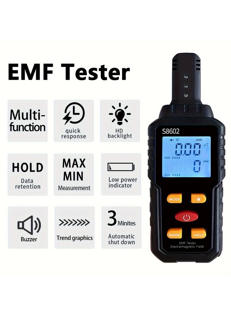 EMF Radiation Detector, S8602 Electromagnetic Field Tester, 5.98 Inch Digital EMF Meter With LCD Display, For Home Appliance Safety Evaluation, Black