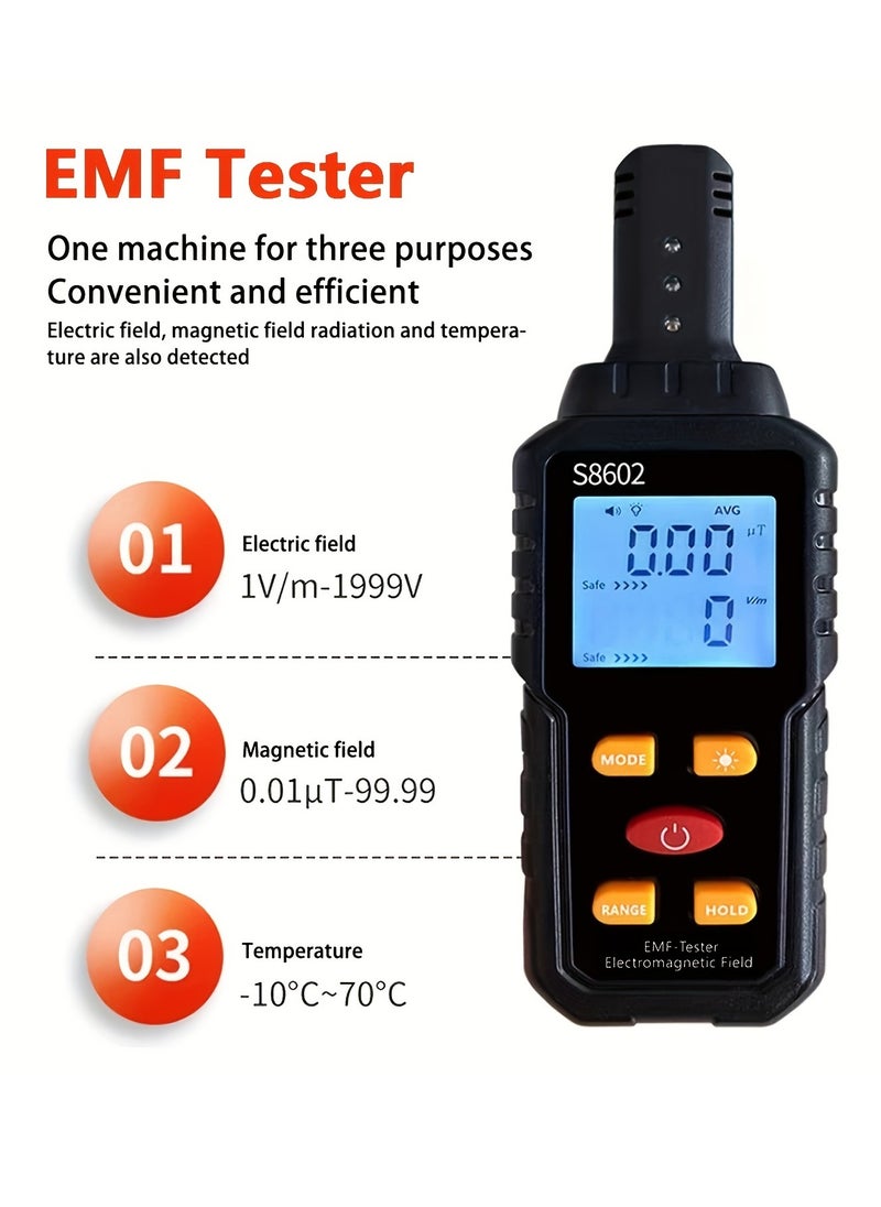 EMF Radiation Detector, S8602 Electromagnetic Field Tester, 5.98 Inch Digital EMF Meter With LCD Display, For Home Appliance Safety Evaluation, Black