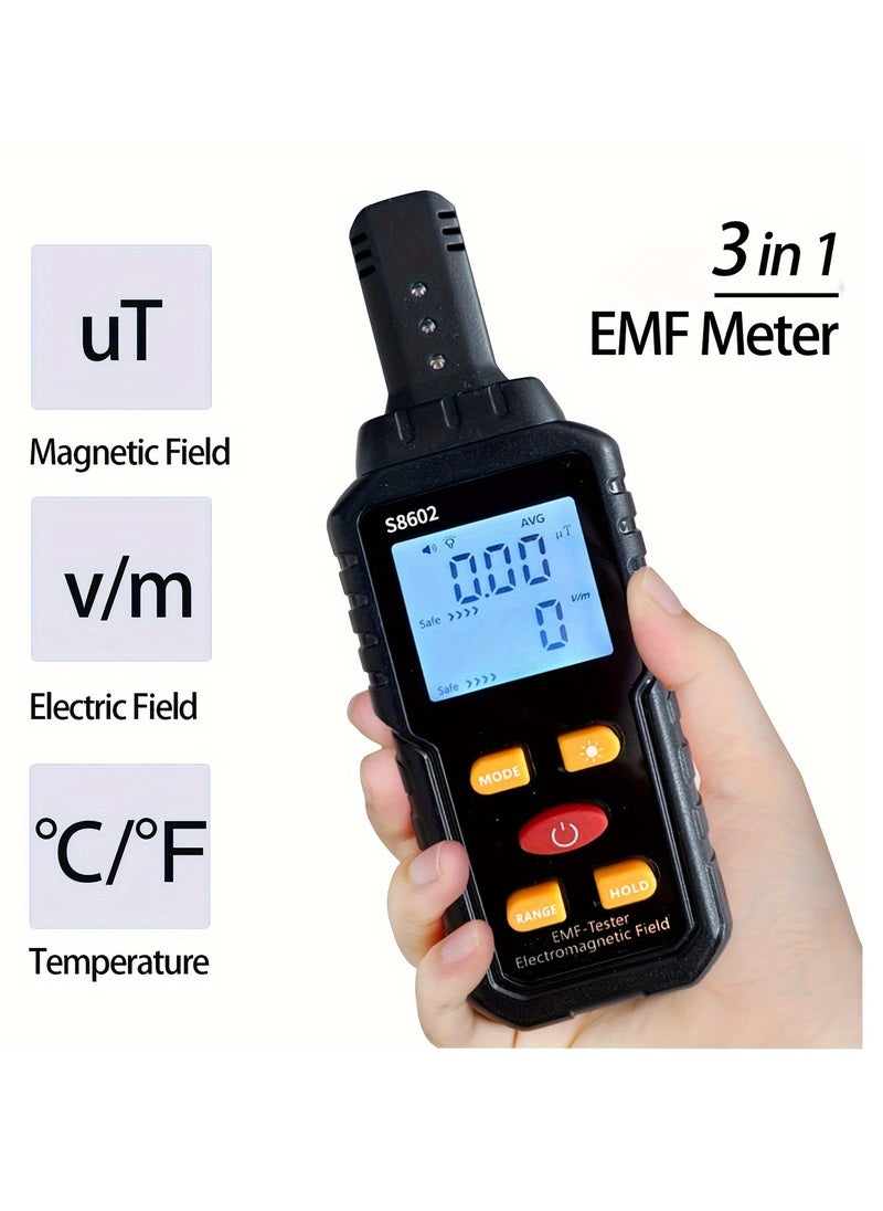 EMF Radiation Detector, S8602 Electromagnetic Field Tester, 5.98 Inch Digital EMF Meter With LCD Display, For Home Appliance Safety Evaluation, Black