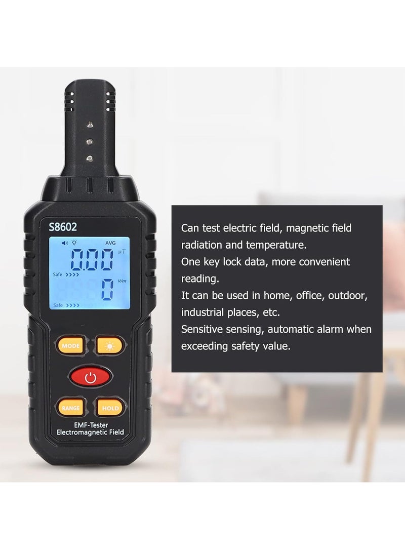 EMF Radiation Detector, S8602 Electromagnetic Field Tester, 5.98 Inch Digital EMF Meter With LCD Display, For Home Appliance Safety Evaluation, Black