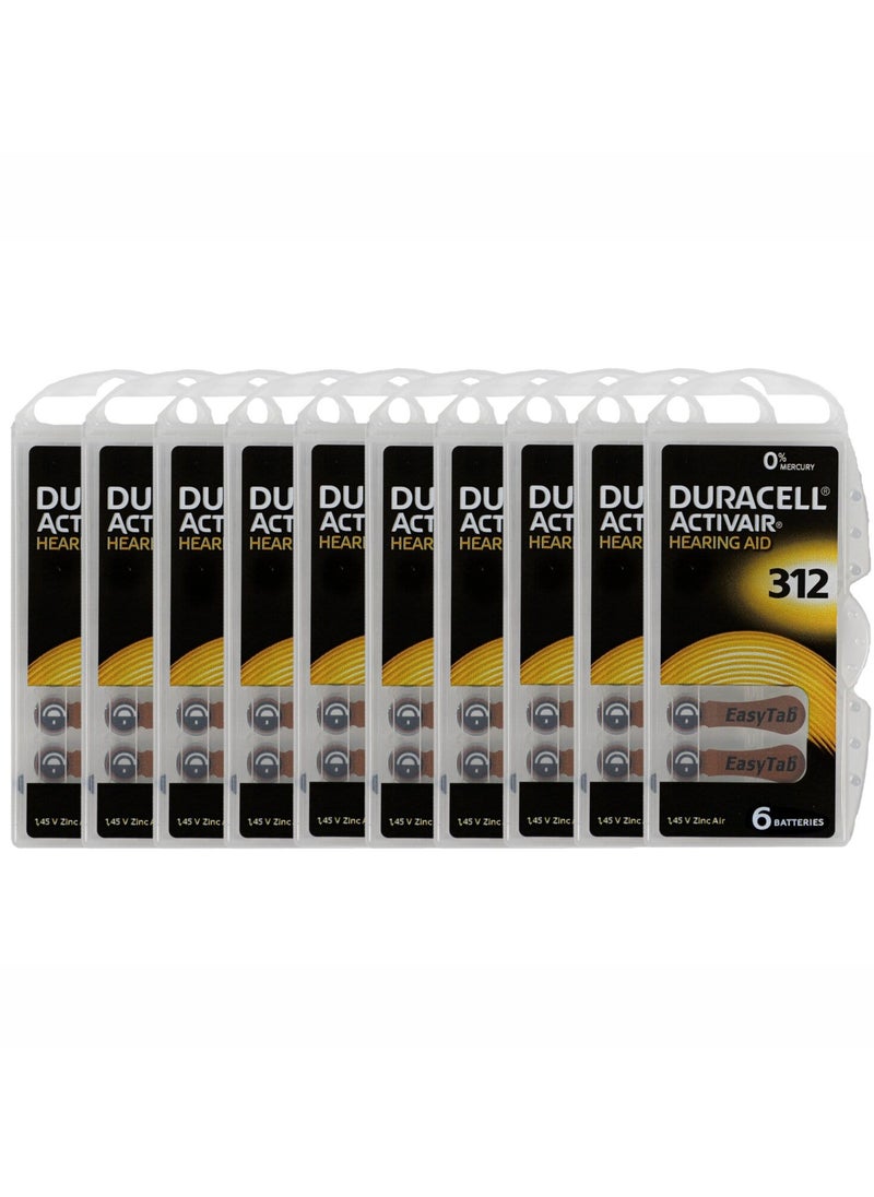 60x Duracell Activair Hearing Aid Batteries (Size 312) Zinc-Air 1.45V Mercury Free