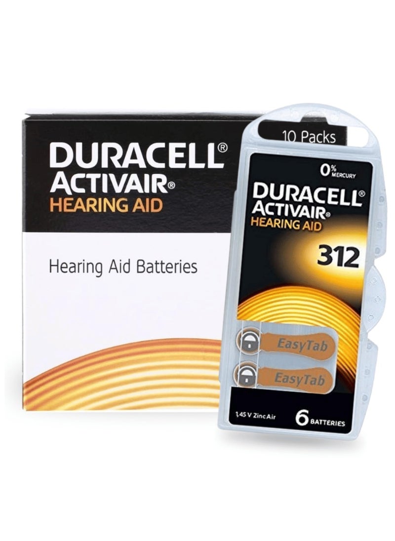 60x Duracell Activair Hearing Aid Batteries (Size 312) Zinc-Air 1.45V Mercury Free