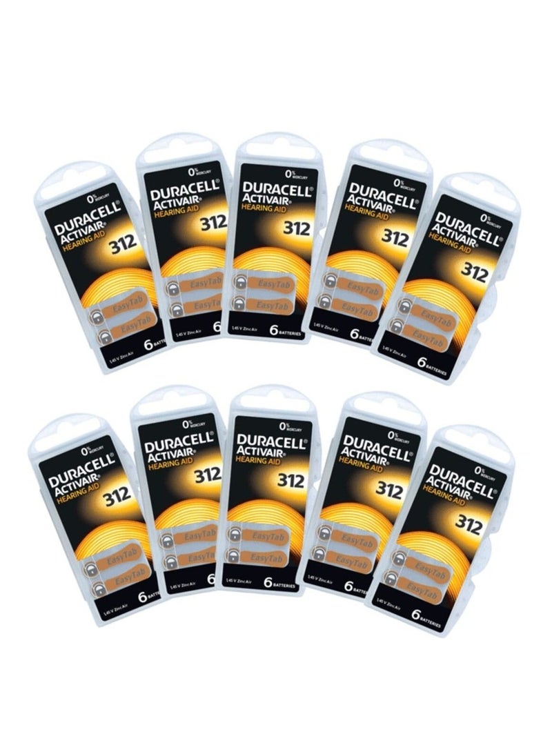 60x Duracell Activair Hearing Aid Batteries (Size 312) Zinc-Air 1.45V Mercury Free