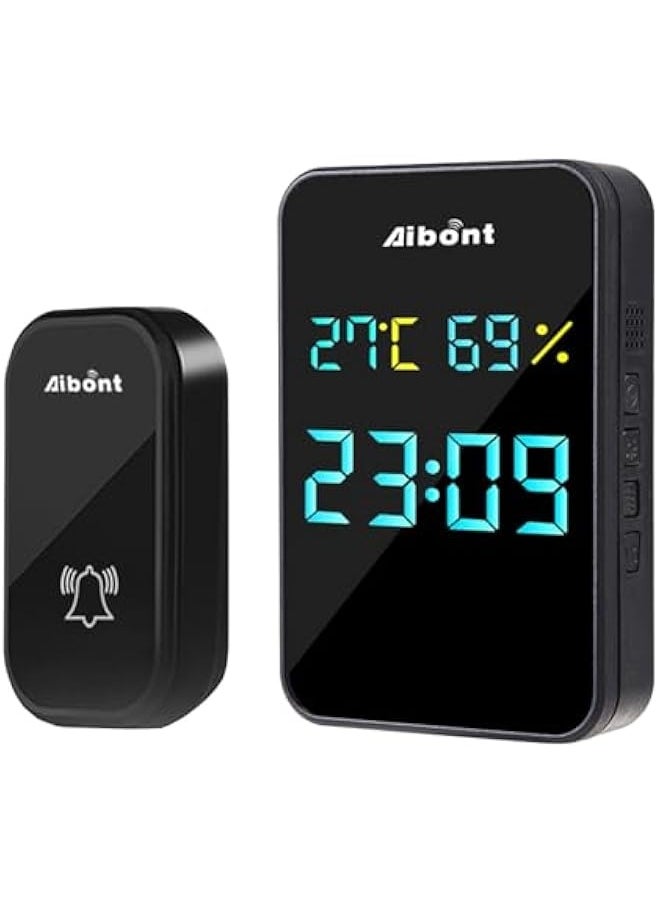 Self-generating Doorbell Clock Hygrometer Room Temperature and Humidity Wireless Doorbell Elderly Pager Visual Doorbell Electronic Device (Black)