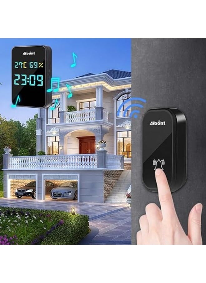 Self-generating Doorbell Clock Hygrometer Room Temperature and Humidity Wireless Doorbell Elderly Pager Visual Doorbell Electronic Device (Black)