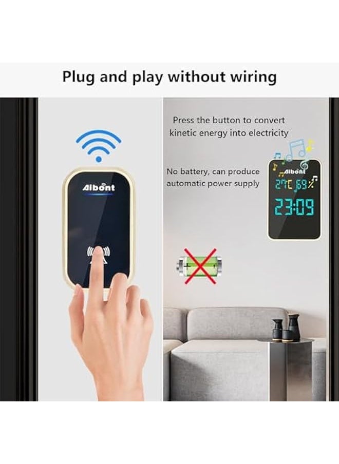 Self-generating Doorbell Clock Hygrometer Room Temperature and Humidity Wireless Doorbell Elderly Pager Visual Doorbell Electronic Device (Black)