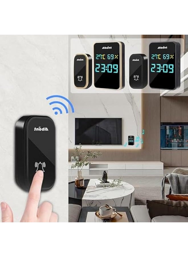 Self-generating Doorbell Clock Hygrometer Room Temperature and Humidity Wireless Doorbell Elderly Pager Visual Doorbell Electronic Device (Black)